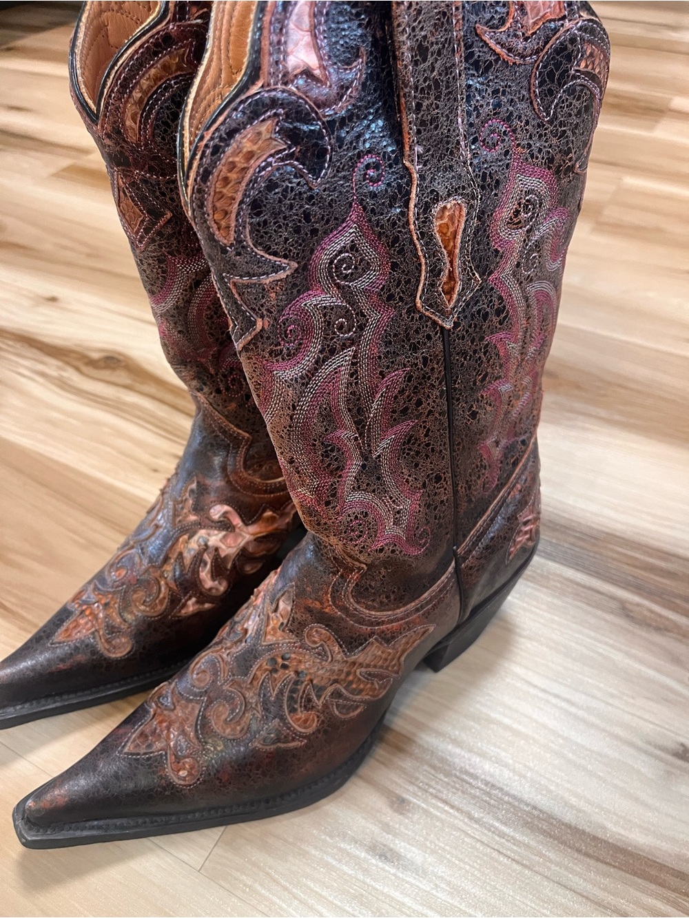 Stetson Women’s Exotic Python Leather Inlay Cowboy Boots Size US 8.5 Pink Stitch